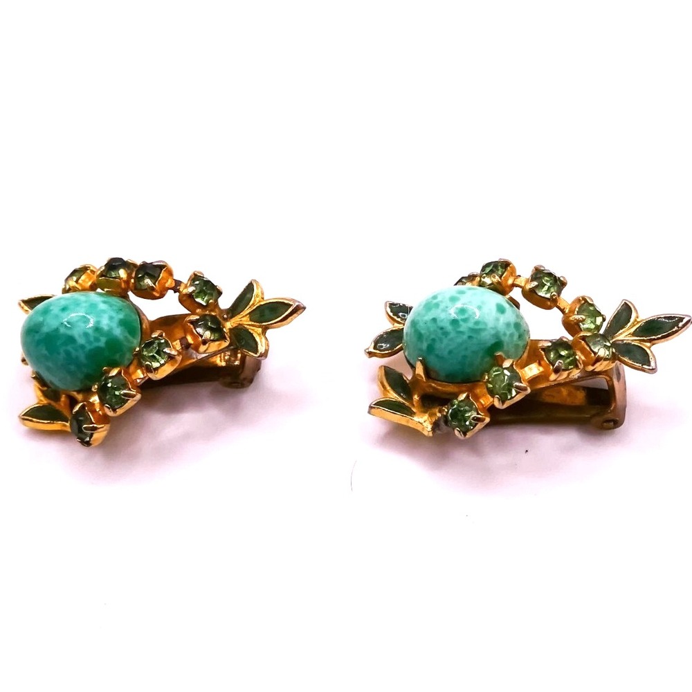 Vintage czech Green Enamel Peeking Glass Cabachon Goldtone 1.2" Earrings